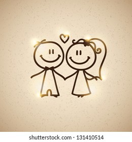 hand drawn wedding couple on realistic textured cardboard