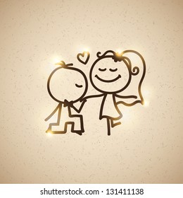 hand drawn wedding couple on realistic textured cardboard