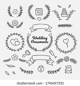 Colección de ornamentos creativos de boda dibujada a mano