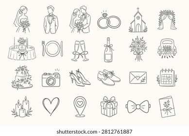 Hand Drawn Wedding Doodle Icon Set with Bride Groom Rings Ceremony and Bridal Symbols for Invitations Stationery and Event Planning