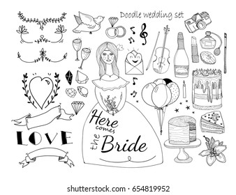 Hand drawn wedding elements. Graphic doodle vector set