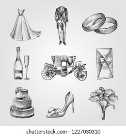 Hand Drawn Wedding elements Sketches Set. Collection Of champagne, shoe, Wedding Dress, Tuxedo, wedding cake, Bridal bouquet, rings. Vintage wedding Illustration isolated on white background.