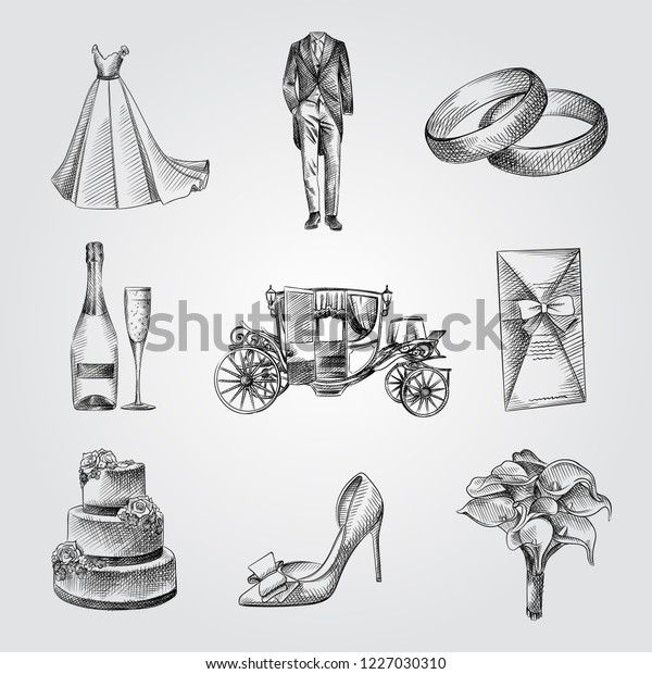 手描きの結婚式エレメントのスケッチセット シャンパン 靴 ウエディングドレス タキシード ウエディング ケーキ ブライダルブーケ リングのコレクション 白い背景にビンテージウエディングイラスト のベクター画像素材 ロイヤリティフリー