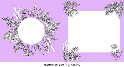 hand drawn wedding floral doodle double invite, invitation, save the date card design with forest greenery herbs, leaves, branches, berries. Vector natural, botanical, elegant template