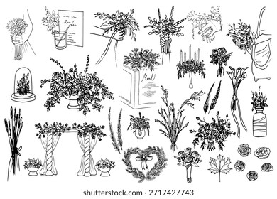 Hand drawn wedding floral vector set featuring bridal bouquets, centerpieces, flower arches, and botanical wreaths. Elegant black and white line art for marriage invitations and event decor.