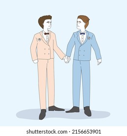 Hand drawn wedding gay couple in pastel color tone
