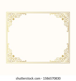 Hand drawn wedding gold vintage rectangular frame. Vector isolated classic victorian golden border.