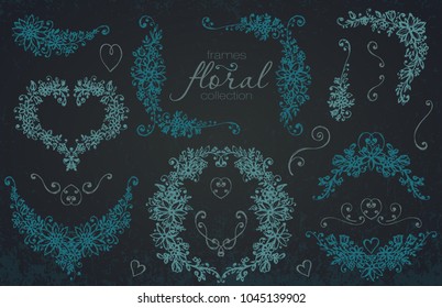Hand drawn wedding and holiday collection. Black and white vector set of sketched frames with branches, wreaths, and flowers.