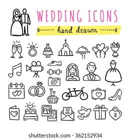 Hand drawn wedding icons: marriage, bride and groom, wedding couple, rings and other symbols. Vector wedding icons on white background.