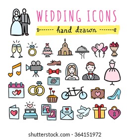 Hand drawn wedding icons: marriage, bride and groom, wedding couple, rings and other symbols. Vector wedding icons on white background.