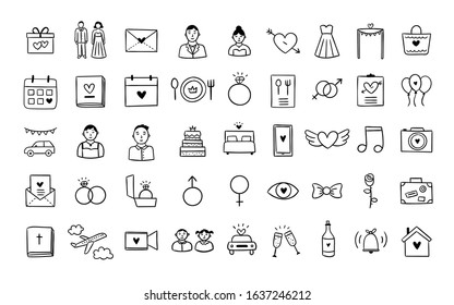 Hand drawn wedding icons set. Vector elements and signs for wedding celebration decor. Outline romantic and love illustrations on white background