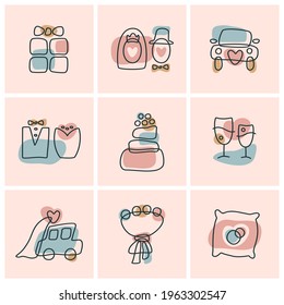 Hand drawn wedding icons set on pink background