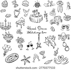Hand Drawn Wedding Icons Set, Romantic Reception and Bridal Doodle Collection