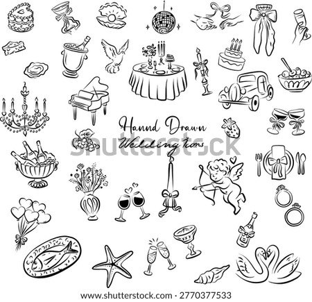 Hand Drawn Wedding Icons Set, Romantic Reception and Bridal Doodle Collection
