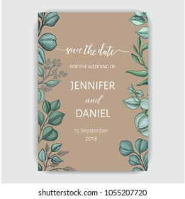 Hand drawn wedding illustration eucalyptus, succulent flowers.