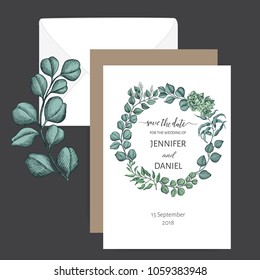 Hand drawn wedding illustration eucalyptus, succulent flowers.