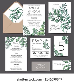 Hand drawn wedding illustration eucalyptus, succulent flowers.