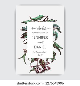 Hand drawn wedding illustration eucalyptus, succulent flowers.