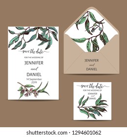 Hand drawn wedding illustration eucalyptus, succulent flowers.