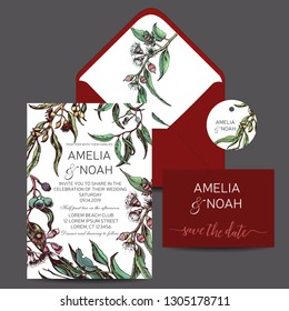 Hand drawn wedding illustration eucalyptus flowers and leaves.