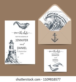 Hand drawn wedding illustration ocean styl. Save the date templete with whale.