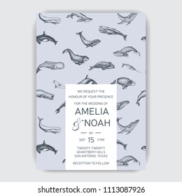 Hand drawn wedding illustration ocean styl. Save the date templete with whale.
