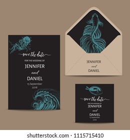 Hand drawn wedding illustration ocean styl. Save the date templete with whale.