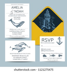 Hand drawn wedding illustration ocean style. Save the date templete with whale.