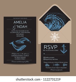 Hand drawn wedding illustration ocean styl. Save the date templete with whale.