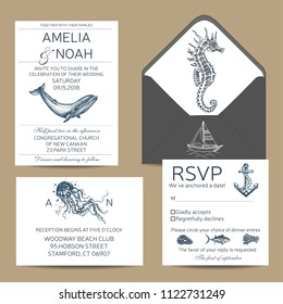 Hand drawn wedding illustration ocean styl. Save the date templete with whale.