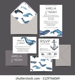 Hand drawn wedding illustration ocean style. Save the date templete with whale.