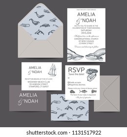 Hand drawn wedding illustration ocean style. Save the date templete with whale.