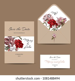 Hand drawn wedding illustration peony flowers. Save the date templete.