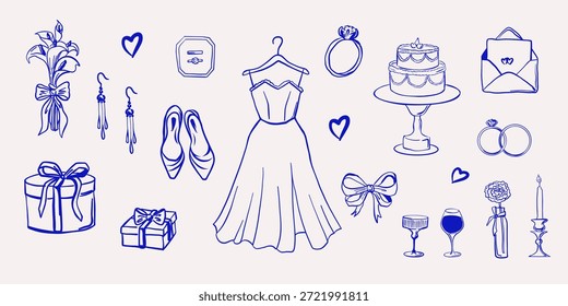 Hand drawn wedding illustration set with bride dress, cake, rings, bouquet, gifts, shoes, glasses, candles, envelope and romantic accessories. Vector illustration.