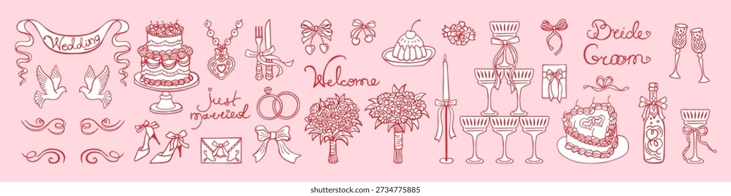 Hand drawn wedding illustration set doodle ink and chalk sketch style. Whimsical coquette vintage mood romantic dinner elements, cakes, champagne, candles, bows love symbols. Elegant casual line art