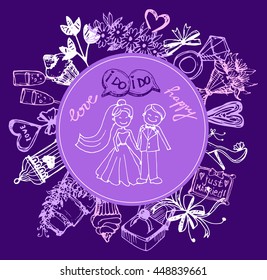 Hand drawn wedding illustration. Vector illustration. Sketchy Marriage romantic banner. 