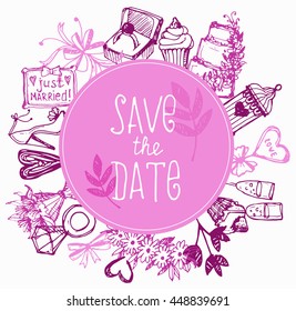 Hand drawn wedding illustration. Vector illustration. Sketchy Marriage romantic banner. 