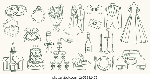  Ilustrações de casamento desenhadas à mão. Noiva e noivo, anéis, buquê, vestido de casamento, igreja, bolo, champanhe, carro. Vintage estilo vetor doodle design para convites, cartões, e decorações de festa.