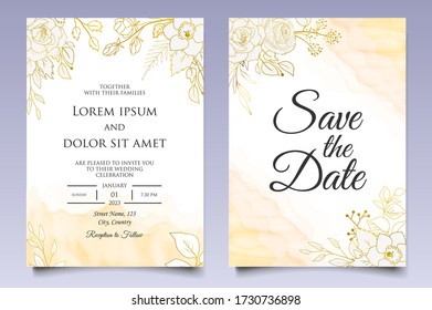 Hand drawn wedding invitation card template with golden floral decoration