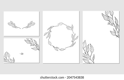 Hand drawn wedding invitation card template design, eucalyptus leaves black line art drawings for cards, incitations, and posters. text space.