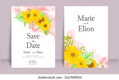 Hand drawn wedding invitation card set with watercolor sunflower
