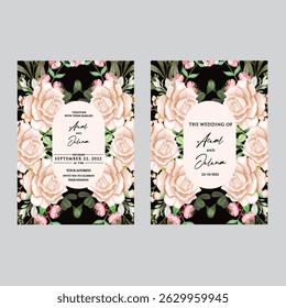 Hand drawn wedding invitation card black rose template. Watercolor card with gold frame, black colourful floral, Organic leaves. Elegant botanical Floral vector with black cherry blossom background
