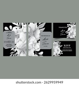 Hand drawn wedding invitation card black rose template. Watercolor card with gold frame, black colourful floral, Organic leaves. Elegant botanical Floral vector with black cherry blossom background