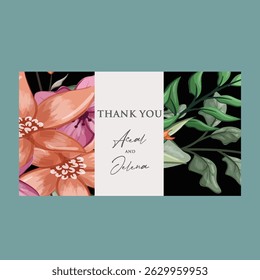 Hand drawn wedding invitation card black rose template. Watercolor card with gold frame, black colourful floral, Organic leaves. Elegant botanical Floral vector with black cherry blossom background