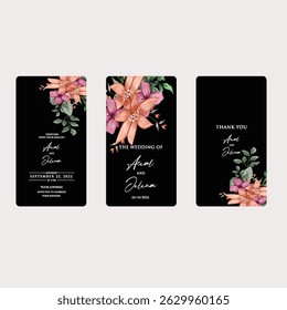 Hand drawn wedding invitation card black rose template. Watercolor card with gold frame, black colourful floral, Organic leaves. Elegant botanical Floral vector with black cherry blossom background