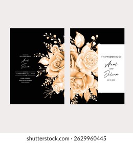 Hand drawn wedding invitation card black rose template. Watercolor card with gold frame, black colourful floral, Organic leaves. Elegant botanical Floral vector with black cherry blossom background