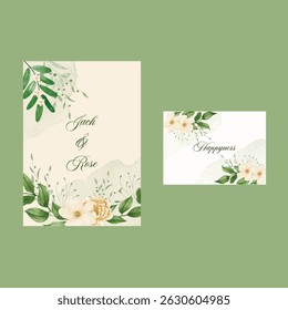 Hand drawn wedding invitation card rose template. Watercolor card with gold frame texture, geometric, colourful floral, Organic leaves. Elegant botanical Floral vector with cherry blossom background