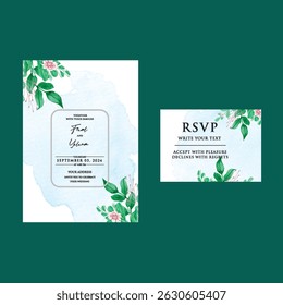 Hand drawn wedding invitation card rose template. Watercolor card with gold frame texture, geometric, colourful floral, Organic leaves. Elegant botanical Floral vector with cherry blossom background