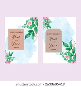 Hand drawn wedding invitation card rose template. Watercolor card with gold frame texture, geometric, colourful floral, Organic leaves. Elegant botanical Floral vector with cherry blossom background