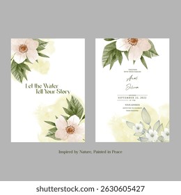 Hand drawn wedding invitation card rose template. Watercolor card with gold frame texture, geometric, colourful floral, Organic leaves. Elegant botanical Floral vector with cherry blossom background